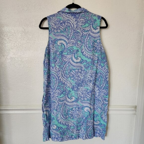 Cynthia Rowley Linen Dress US 8 Blue Paisley Print Sleeveless Pockets Summery - Picture 9 of 9